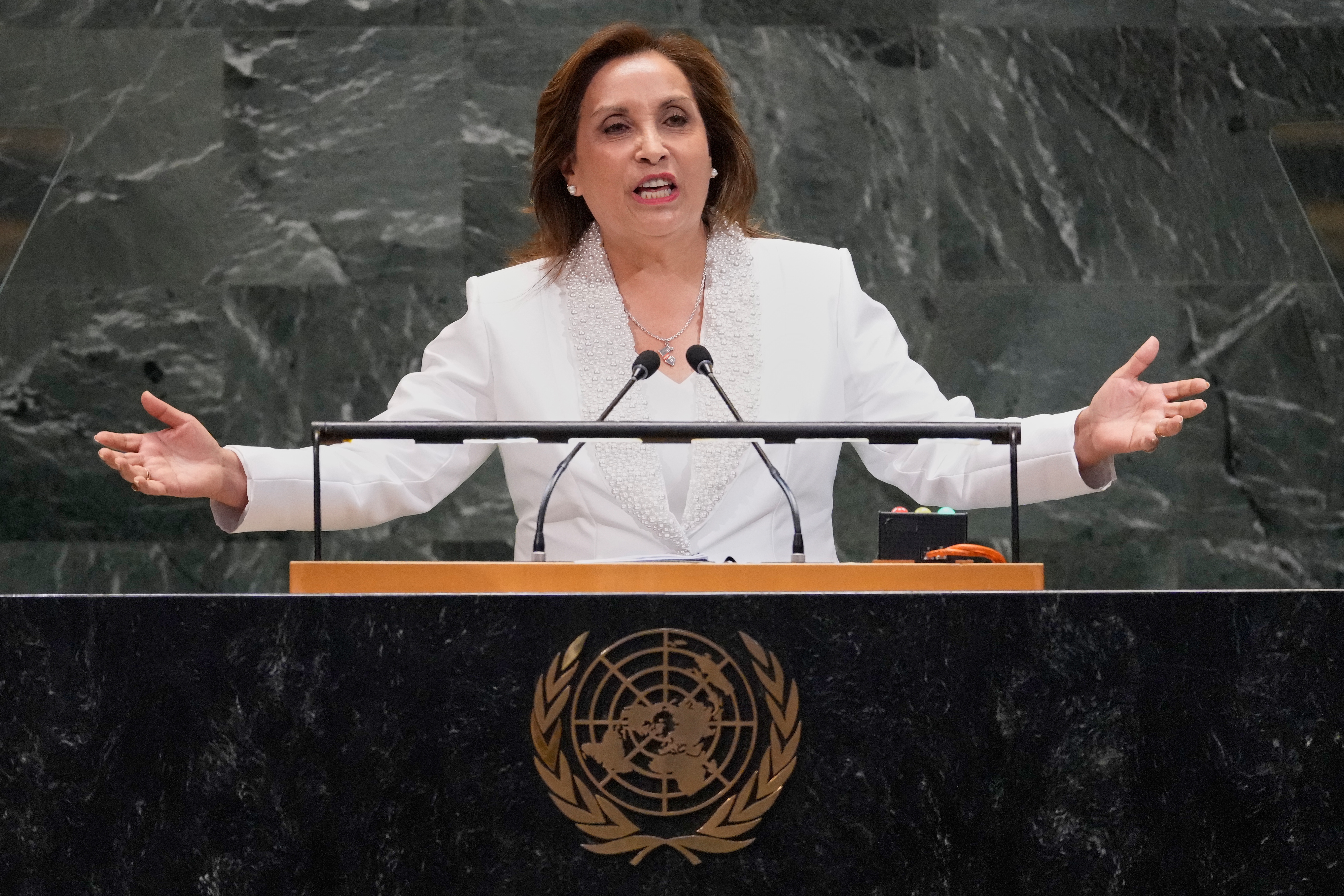 Peru President Dina Ercilia Boluarte Zegarra addresses the 80th session of the United Nations General Assembly, Tuesday, Sept. 23, 2025.